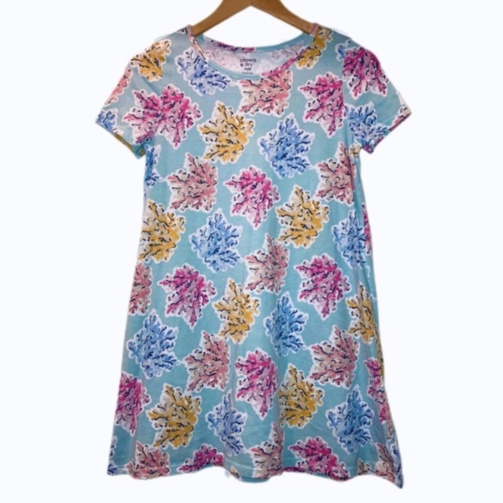 CROWN & IVY Girls Blue Yellow Pink Coral Short Sleeve Girls Beach Lilly Dress L